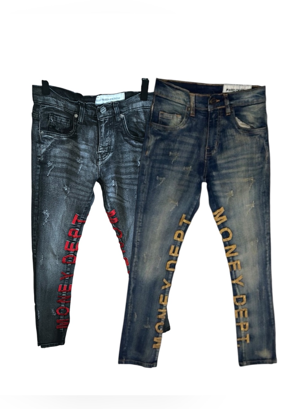 Two Pair of Distressed Stacked Denim Jeans w/ Money Dept Embroidered Red & Gold